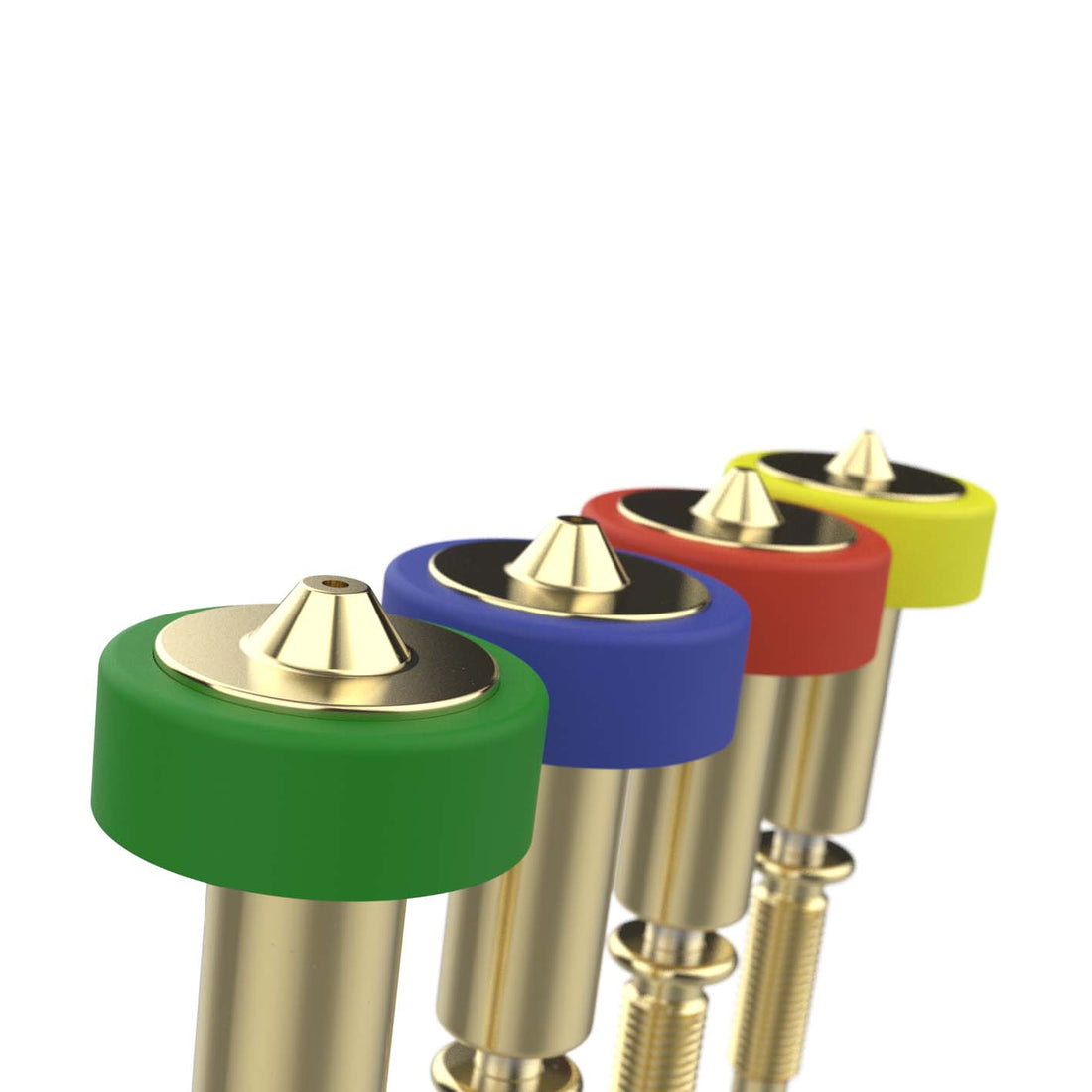 E3D's new colourful RapidChange Revo nozzles sizes 0.25 (yellow), 0.4 (red), 0.6 (blue) and 0.8 (green).